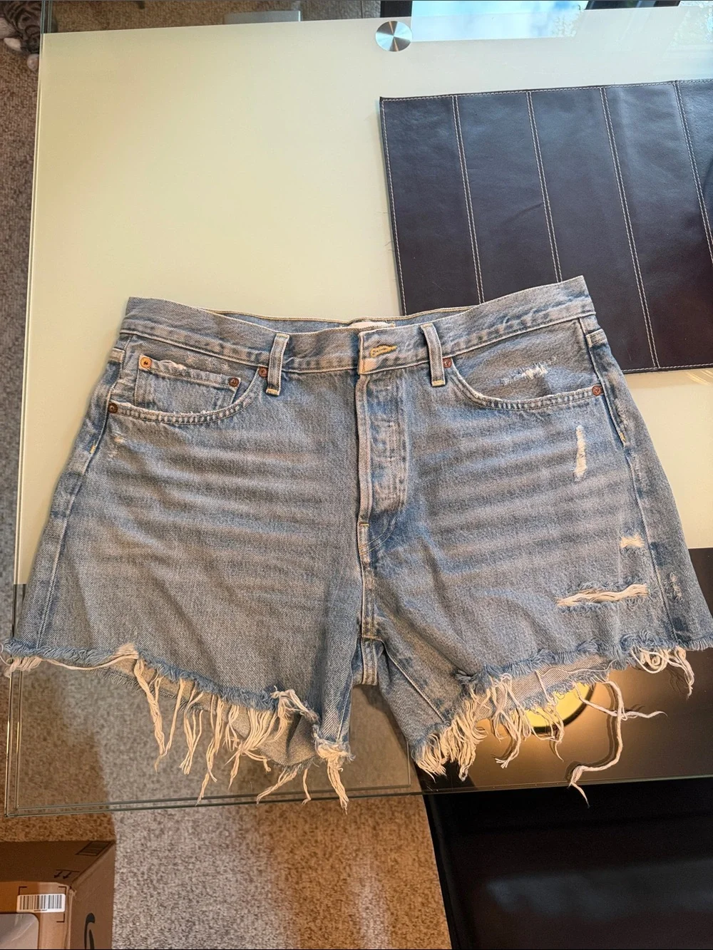 Agolde Light Wash Distressed High-Rise Denim Shorts (Parker Long Short Swapmeet)